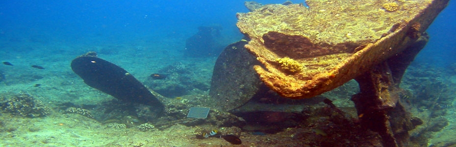 Underwater plaque at Cocos (Keeling) Islands that commemorates the 90th anniversary of the Battle of Cocos.