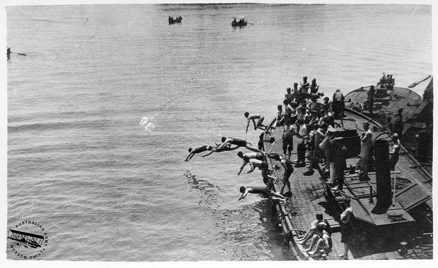 Australian Flying Corps. The finals of the 50 yard swimming race at Port Said, Egypt 16-18 May 1919.  As viewed from the Kaiser-I-Hind. Source: Australian Army Flying Museum