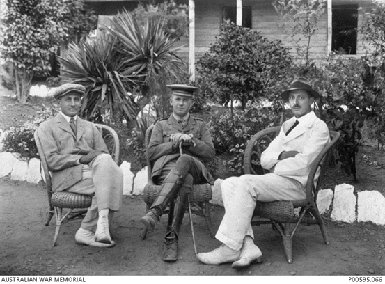 Colonel Robert Sands (centre) and two permanent German officers captured in New Guinea, Captain von Klevitz and Lieutenant Meyer. 1916